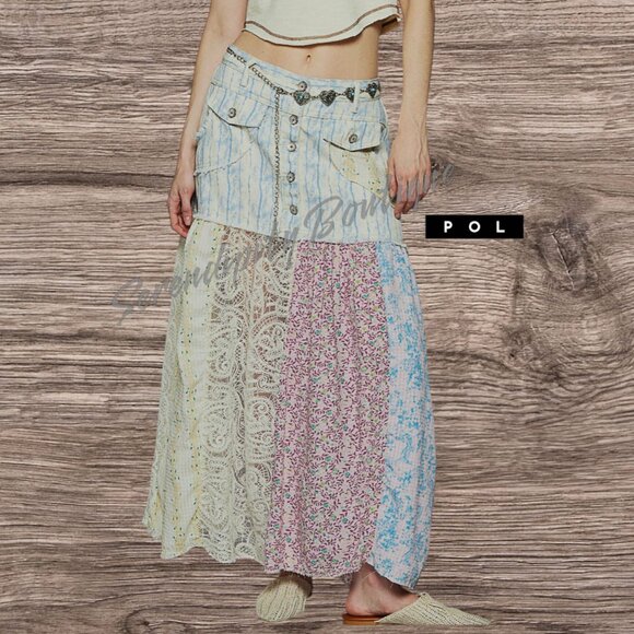 POL Dresses & Skirts - POL Denim Lace & Floral Flowy Baggy Mixed Fabric Cotton Twill Maxi Jean Skirt